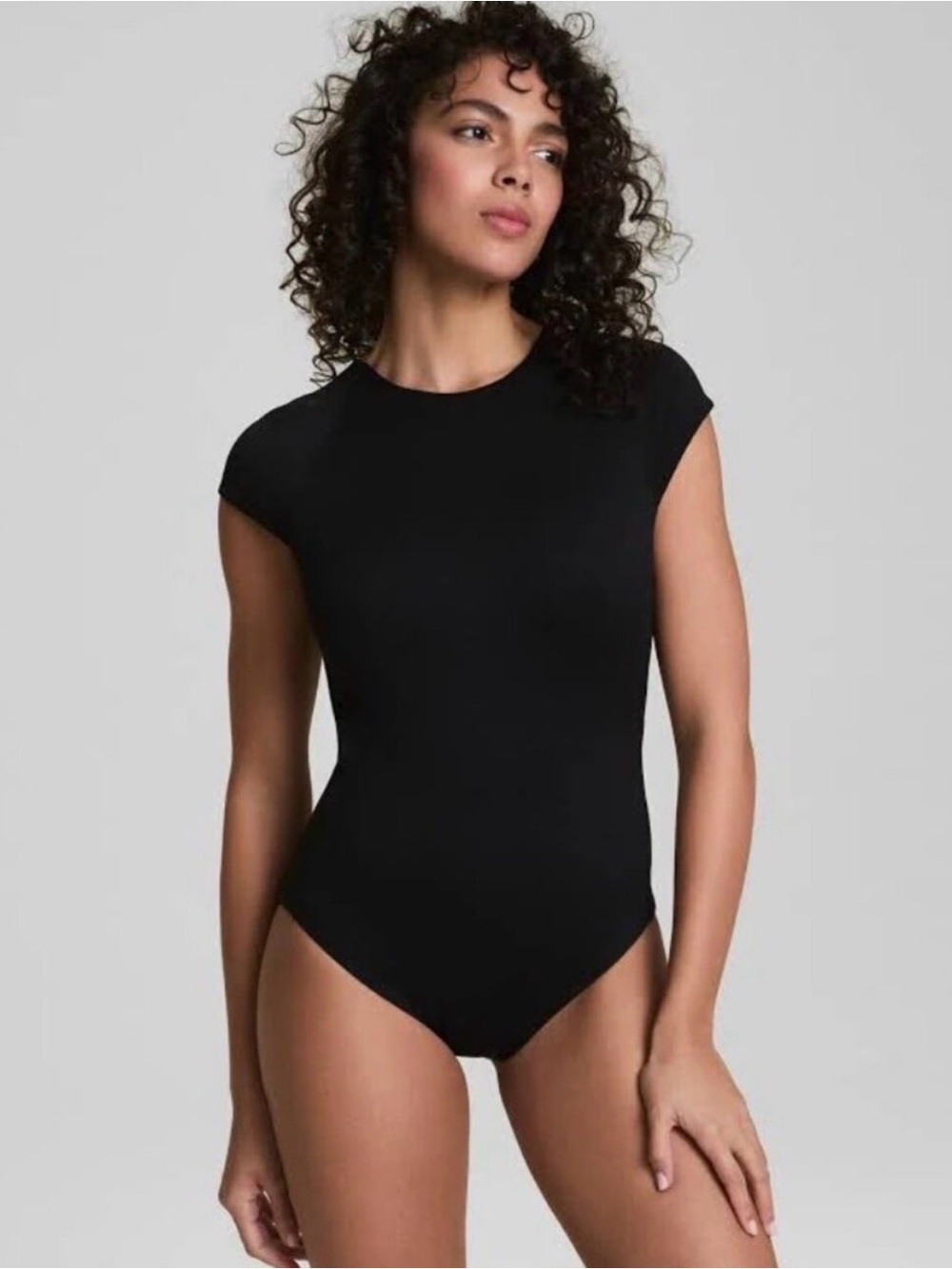 Spanx Pique Black Cap-Sleeve Shaping Swimsuit NWT 1007